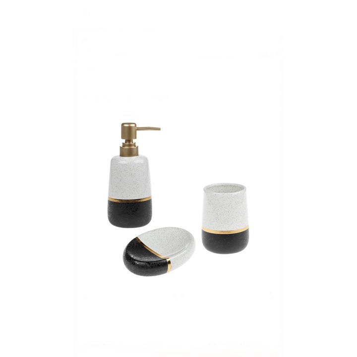 Set 3 accesorii baie cu dispenser sapun, suport periute dinti si savoniera, alb murdar/negru, ceramica