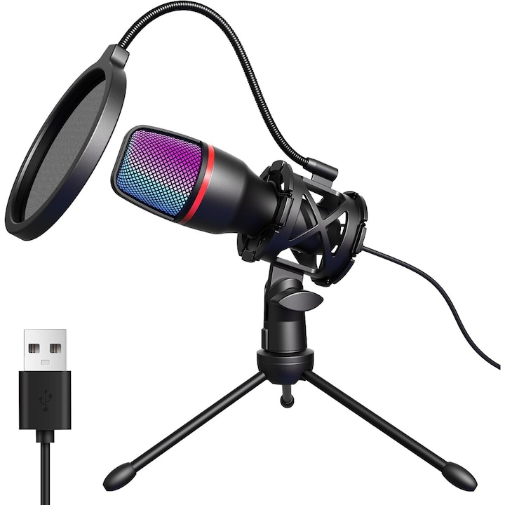 Стрийминг микрофон BYONDSELF, RGB осветление, USB, удароустойчив, Черен