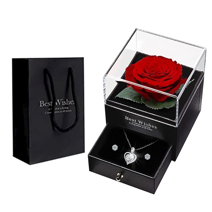Trandafir Criogenat, Bliibee®, cu lantisor si cercei placati cu argint set, in cutie tip sertar, Saci de ambalare, Rosu