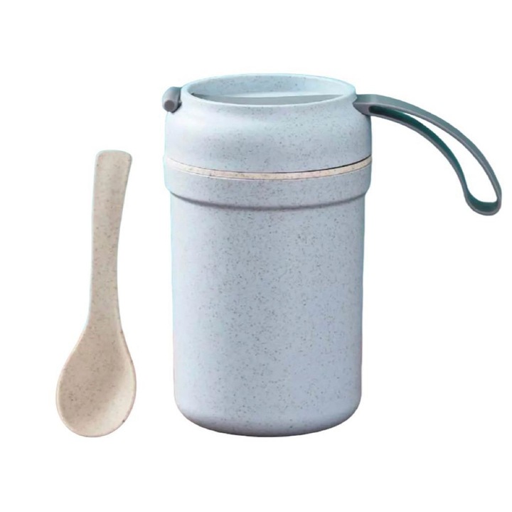 Recipient pentru iaurt, cu lingurita, JM Nature, realizat din paie de grau, materiale reciclate, 100% biodegradabil, 330 ml, Bleu