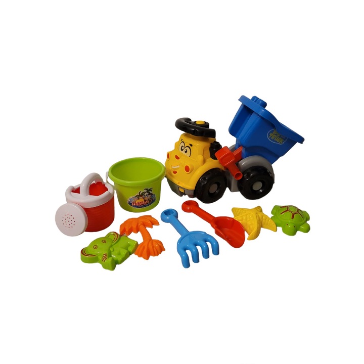 Set jucarii pentru plaja si nisip 9 piese masinuta cu galetusa stropitoare forme nisip lopetica grebla