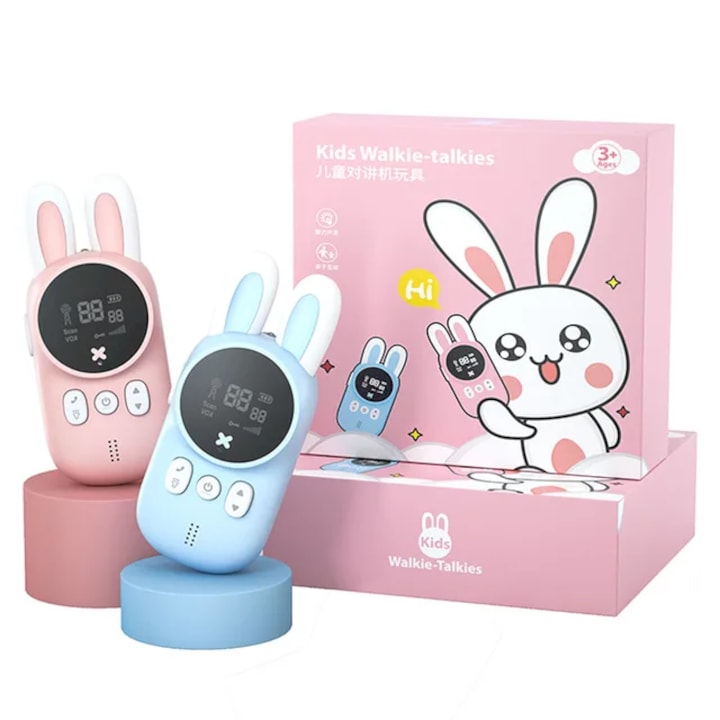 Set 2 statii Walkie-Talkies pentru copii, lanterna, varsta +3 ani, functie VOX, 3 km raza de actiune, roz/albastru