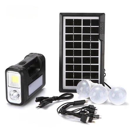 Kit portabil cu panou solar, 3 becuri, lanterna 2 faze si iesire USB