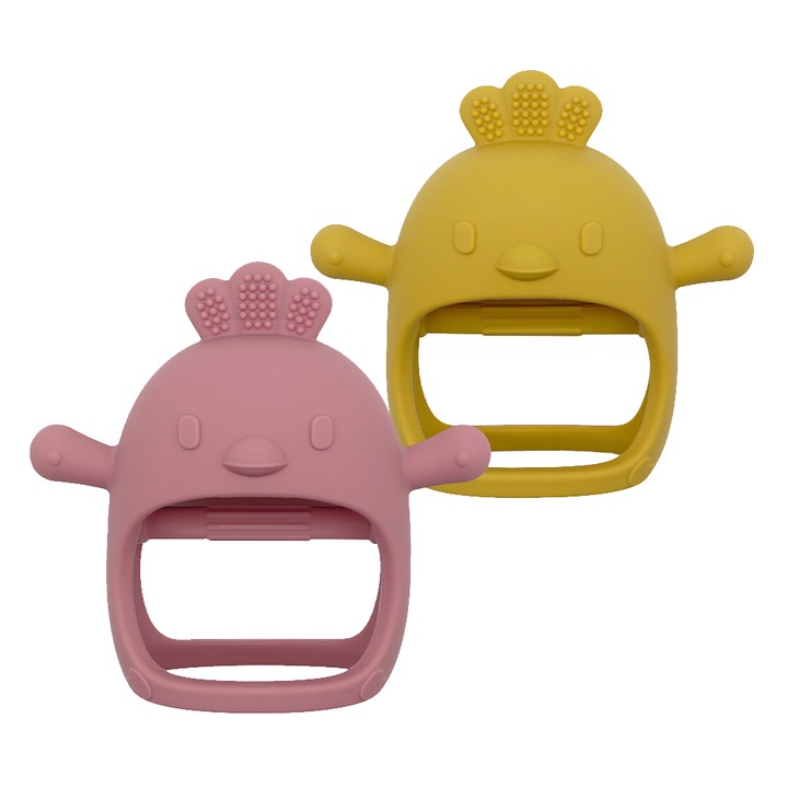 Hazelnut, Szilikon 2db rágóka játék, Fogzási Kesztyű, Csirke, TR066, Rózsaszín és sárga