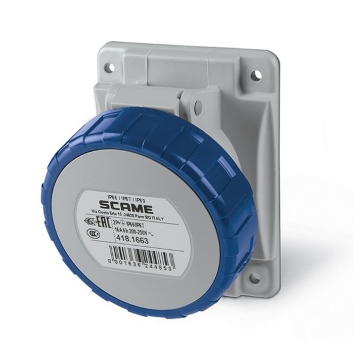 Промишлен контакт,2P+Е 16A 200-250V, IP66, 6h, серия Optima, панелен монтаж, 70×87мм, SCAME