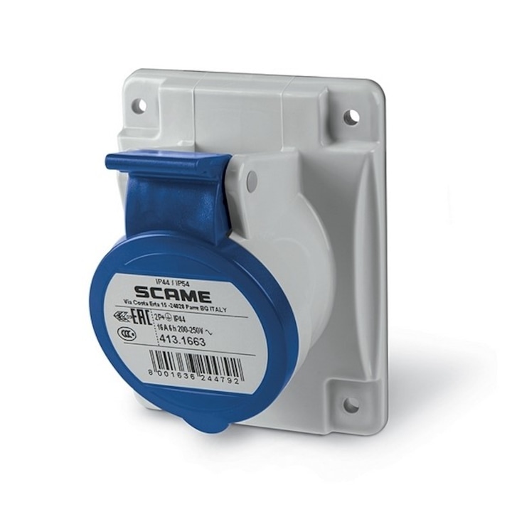 Промишлен контакт, 2P+Е 16A, 230V, IP54, серия Optima, панелен монтаж, 70x87мм, SCAME
