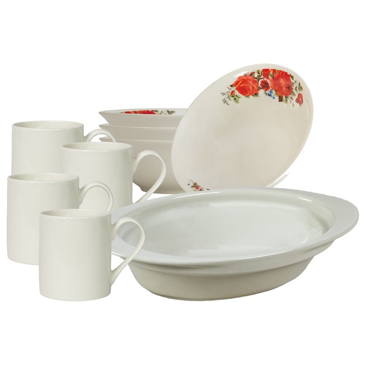 Vesela completa, 4 persoane, 9 piese, cana 200 ml, bol, tava termorezistenta, Portelan decorat cu Trandafiri rosii