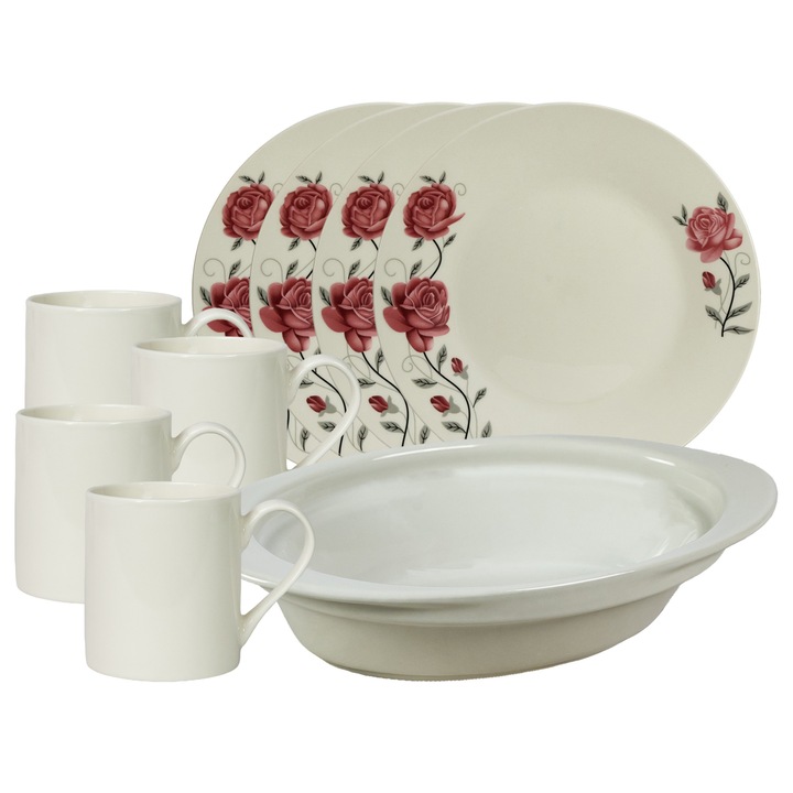Пълен сервиз за 4 души, 9 части, чаша 200 мл, удължена чиния, термоустойчива табла, порцелан, декориран с розови рози
