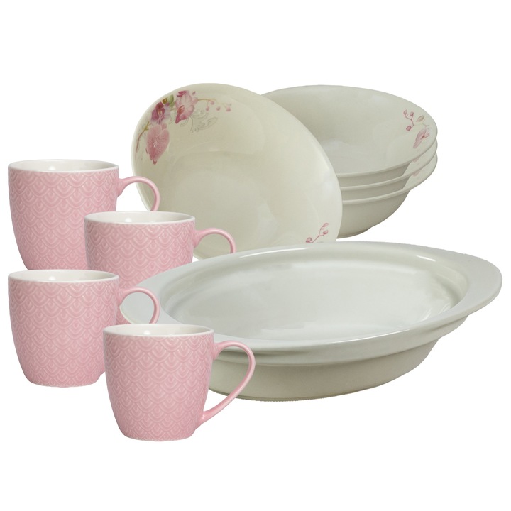 Serviciu de masa, 4 persoane, 9 piese, cana roz 200 ml, bol, tava termorezistenta, Portelan decorat cu Orhidee