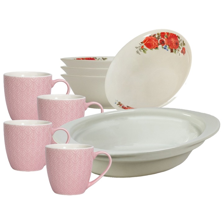 Serviciu de masa, 4 persoane, 9 piese, cana roz 200 ml, bol, tava termorezistenta, Portelan decorat cu Trandafiri rosii