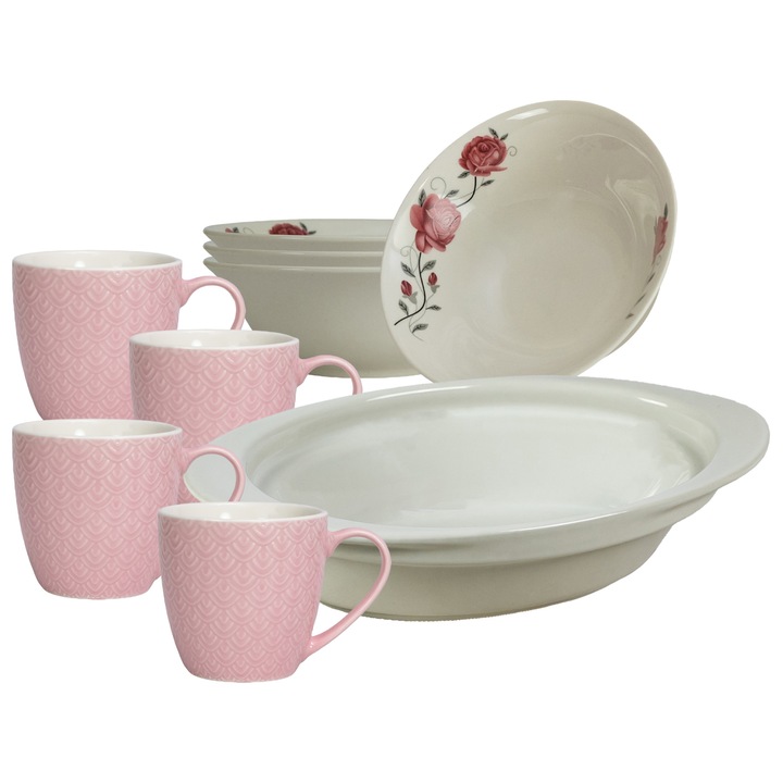 Serviciu de masa, 4 persoane, 9 piese, cana roz 200 ml, bol, tava termorezistenta, Portelan decorat cu Trandafiri roz