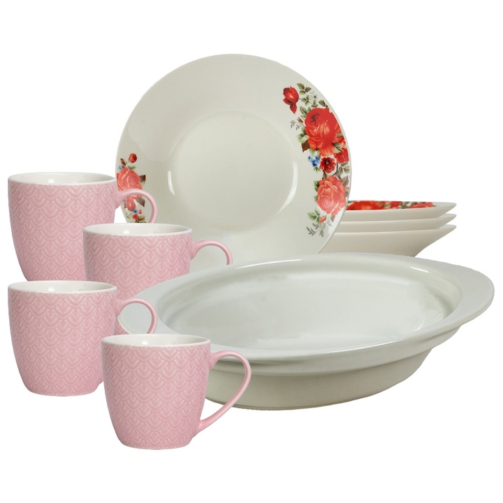 Serviciu de masa, 4 persoane, 9 piese, cana roz 200 ml, farfurie adanca, tava termorezistenta, Portelan decorat cu Trandafiri rosii