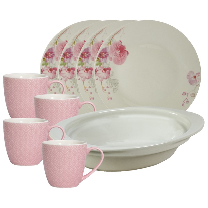 Serviciu de masa, 4 persoane, 9 piese, cana roz 200 ml, farfurie intinsa, tava termorezistenta, Portelan decorat cu Orhidee