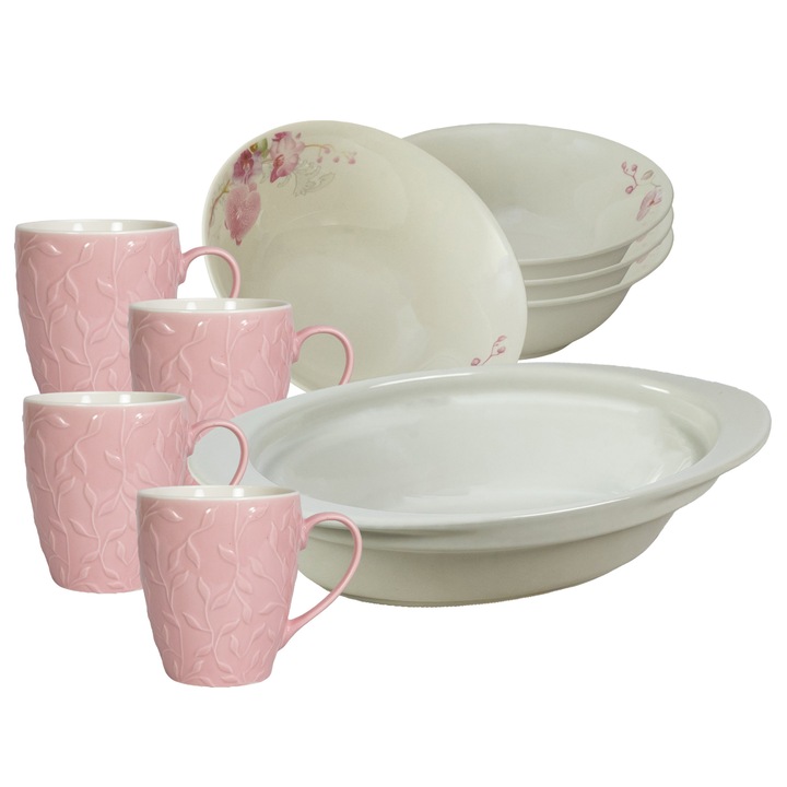 Serviciu de masa, 4 persoane, 9 piese, cana roz 370 ml, bol, tava termorezistenta, Portelan decorat cu Orhidee