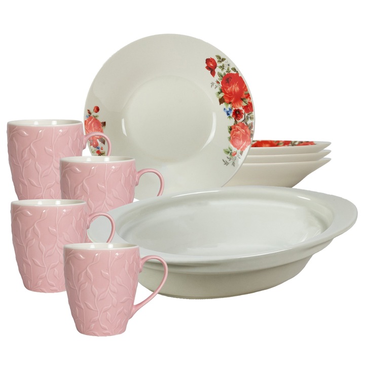 Serviciu de masa, 4 persoane, 9 piese, cana roz 370 ml, farfurie adanca, tava termorezistenta, Portelan decorat cu Trandafiri rosii