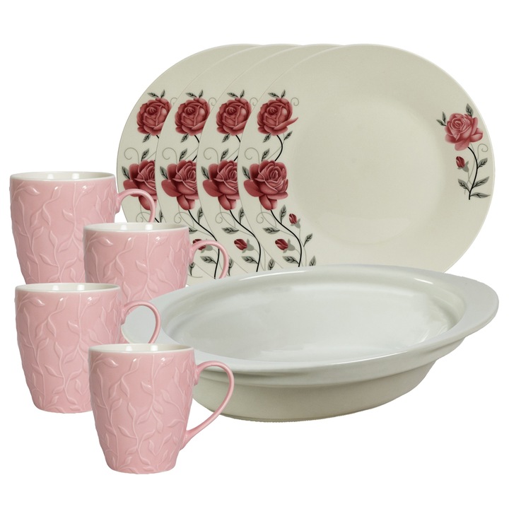 Serviciu de masa, 4 persoane, 9 piese, cana roz 370 ml, farfurie intinsa, tava termorezistenta, Portelan decorat cu Trandafiri roz