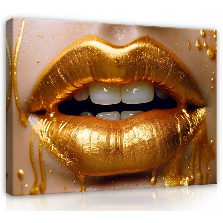 Tablou Canvas Femeie Buze de aur Abstractie 100x70 cm, Modern, Design, Pentru Living Dormitor Camera De Zi, Creative Decor