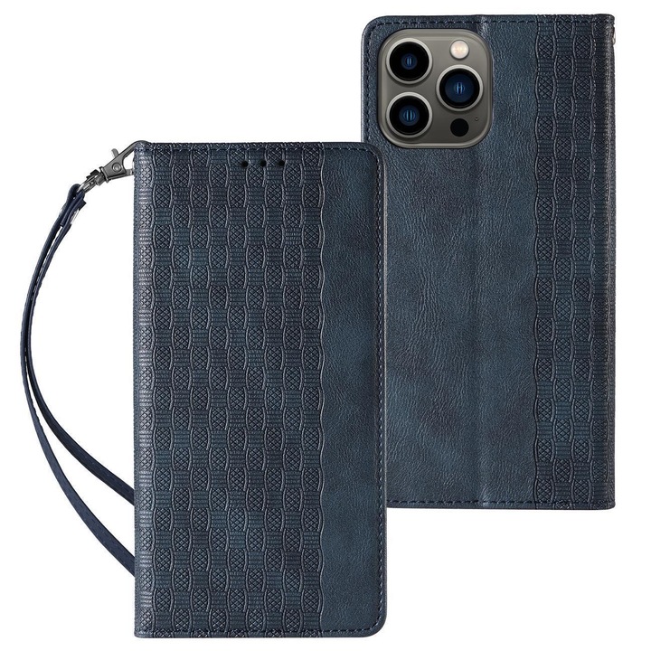 Magnet Strap Case Samsung Galaxy S23 mágneses flipes tok pénztárcával, állvánnyal, kis pánttal, kék