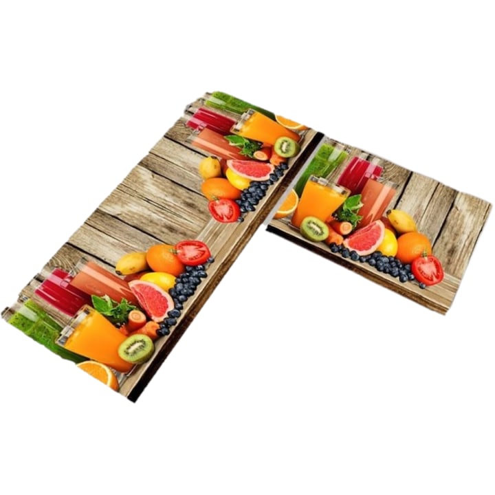 Set 2 covoare de Bucatarie, Antiderapant, imprimeu Legume si Fructe, 50x60cm, 50x120cm, Multicolor