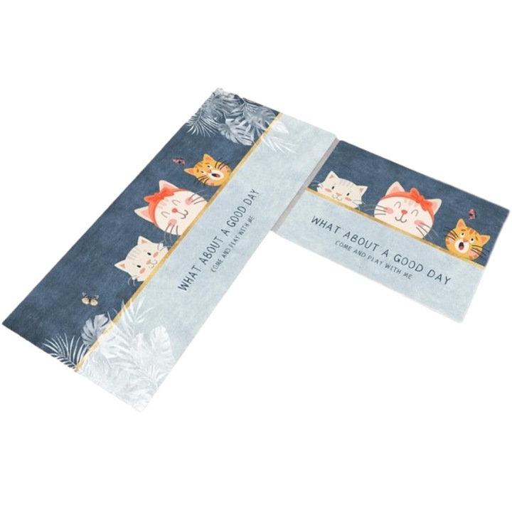 Set 2 covoare de Bucatarie, Antiderapant, imprimeu Pisicute, 50x60cm, 50x120cm, Bleumarin