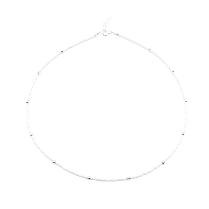 Colier cu bile din Argint 925 si margele Miyuki albe, reglabil 39-42 cm