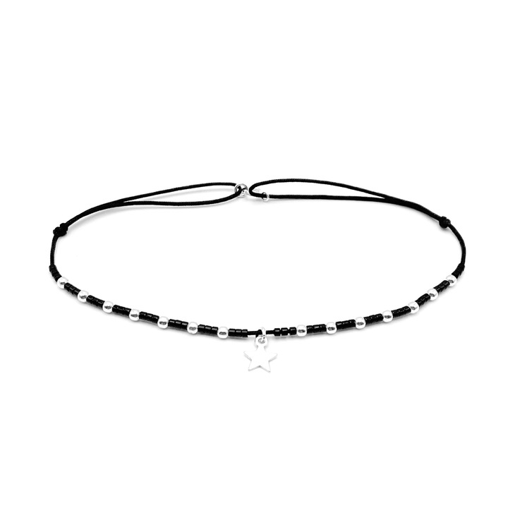 Bratara pentru Picior cu Stea si bilute din Argint 925 si margele negre, reglabila