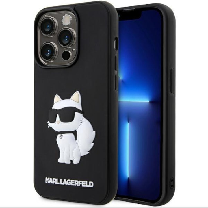 Husa pentru iPhone 14 Pro - Original Karl Lagerfeld 3D Design (KLHCP14L3DRKHNK) - Rubber Choupette