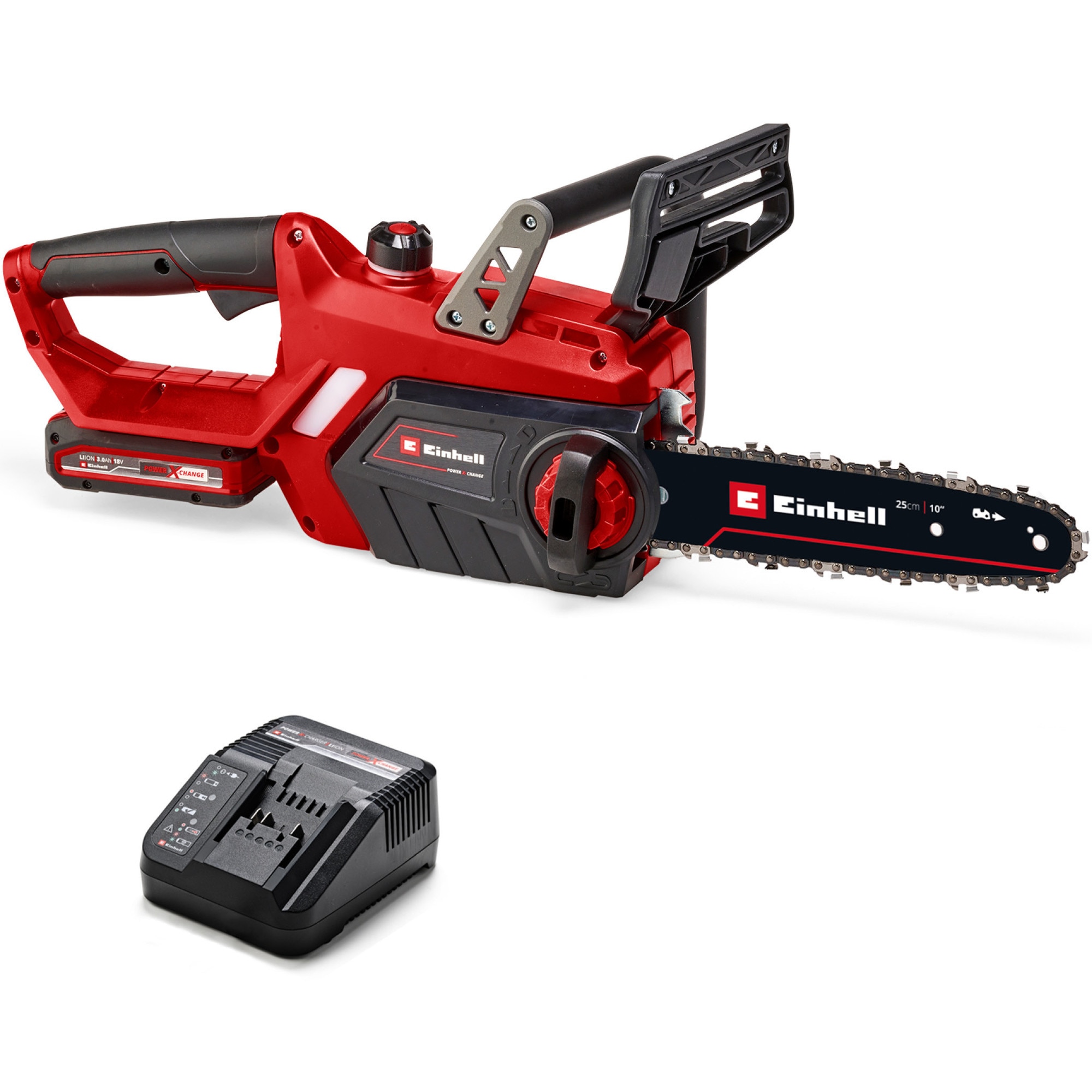 Drujba (fierastrau electric) cu lant pe acumulator Einhell Power-X-Change GE-LC 18Li kit, 18 V, lama 25 cm,viteza taiere 4.3 m/s,include acumulator 18 V 3Ah + incarcator