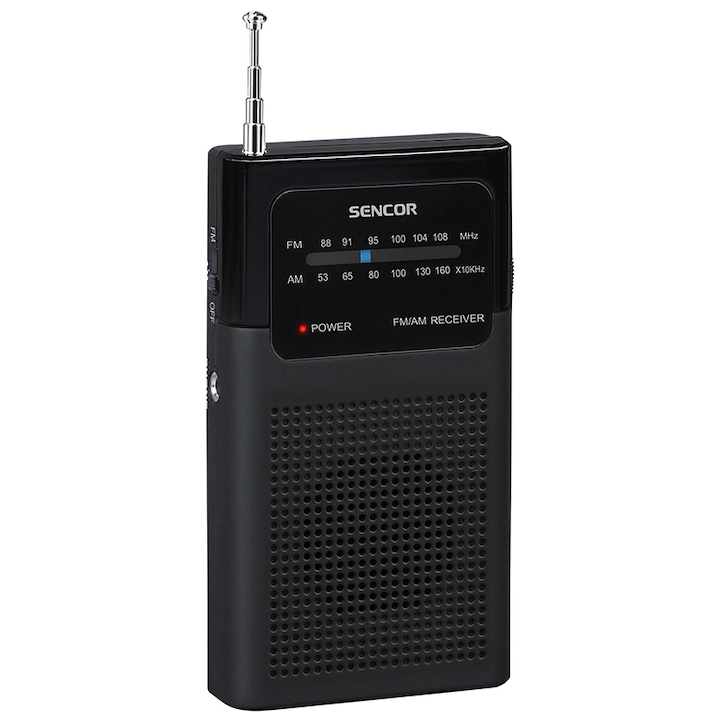 Mini hordozható AM/FM rádió, fejhallgató-csatlakozó, 0,3 W teljesítmény, gumírozott felület, fekete színű