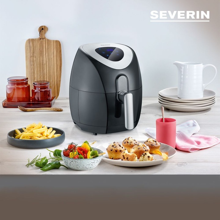 Air Fryer Severin, űrtartalom 3,2 liter, olaj nélkül, 6 program, állítható hőmérséklet 80-200°C, időzítő, LCD képernyő, érintőképernyő, automata leállítás, hangjelzés, ergonomikus fogantyú, gyors fűtés, alacsony fogyasztás, könnyen tisztítható, fekete