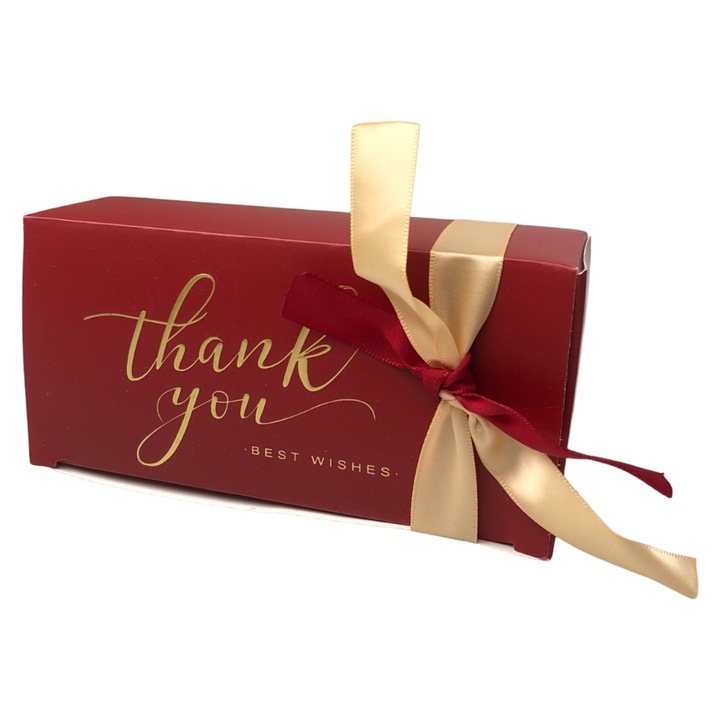 Комплект от 50 бр. Правоъгълна подаръчна кутия за благодарност и лък, Createur, 14x7x4,5 см - червена