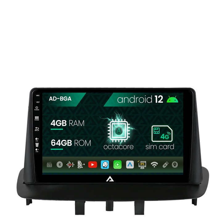 Navigációs autodrop Renault Megane 3, Fluence (2009-2016), Android 12, A-Octacore, 4GB RAM, 64GB ROM, 9 hüvelyk - AD-BGA9004, AD-BGRKIT372