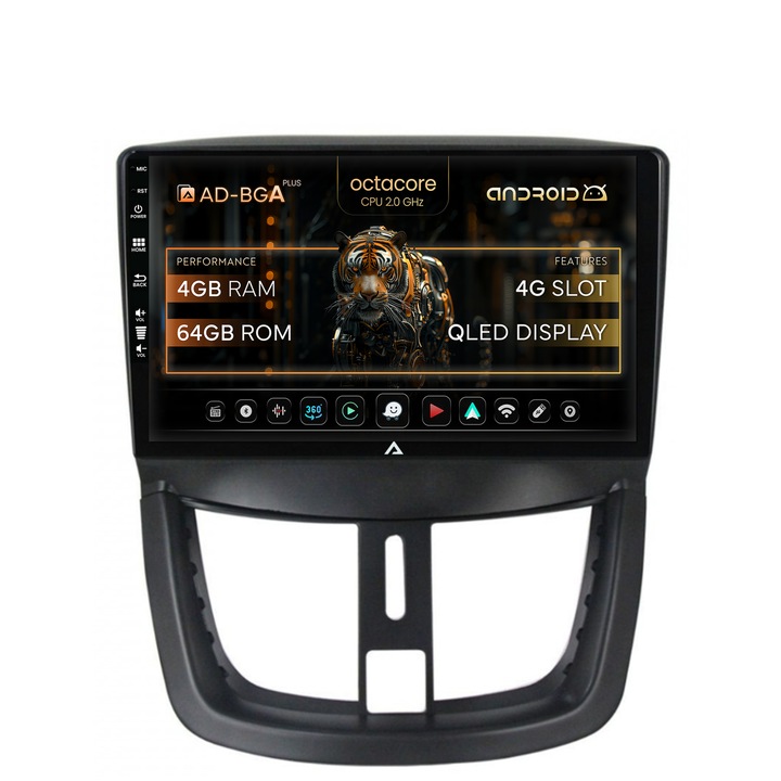 Navigatie Autodrop Peugeot 207, Android, A-Octacore / 4GB RAM + 64GB ROM, 9 Inch