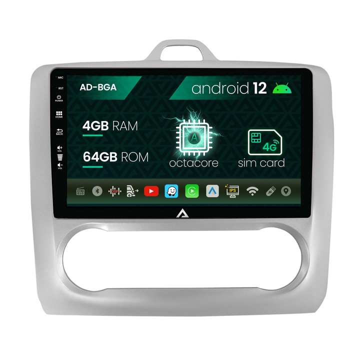 Navigációs autodrop Ford Focus MK2 (2004-2011), automatikus klímavezérlés, Android 12, A-Octacore, 4GB RAM, 64GB ROM, 9 hüvelyk - AD-BGA9004, AD-BGRKIT117