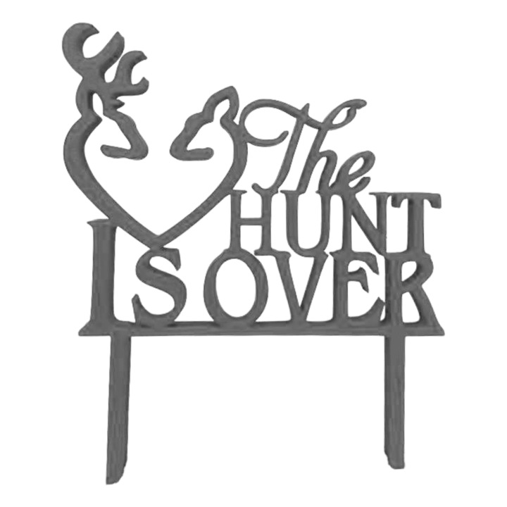 Decoratiune topper tort, "THE HUNT IS OVER", vanatoarea a luat sfarsit, decor nunta, cununie, 15 x 12,5 cm argintiu