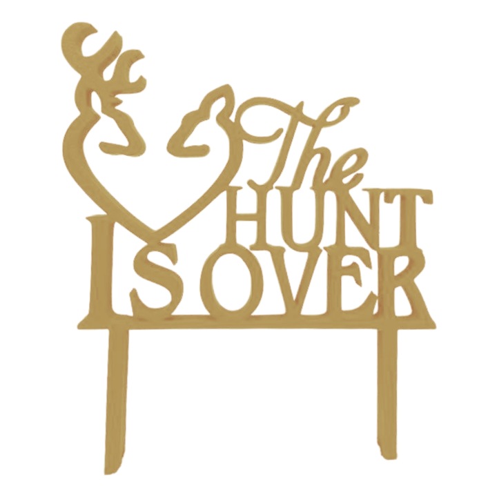 Tortafedő dekoráció, "THE HUNT IS OVER", a vadászatnak vége, esküvői dekoráció, esküvői szertartás, 15 x 12,5 cm arany