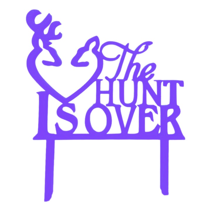 Decoratiune topper tort, "THE HUNT IS OVER", vanatoarea a luat sfarsit, decor nunta, cununie, 15 x 12,5 cm mov deschis