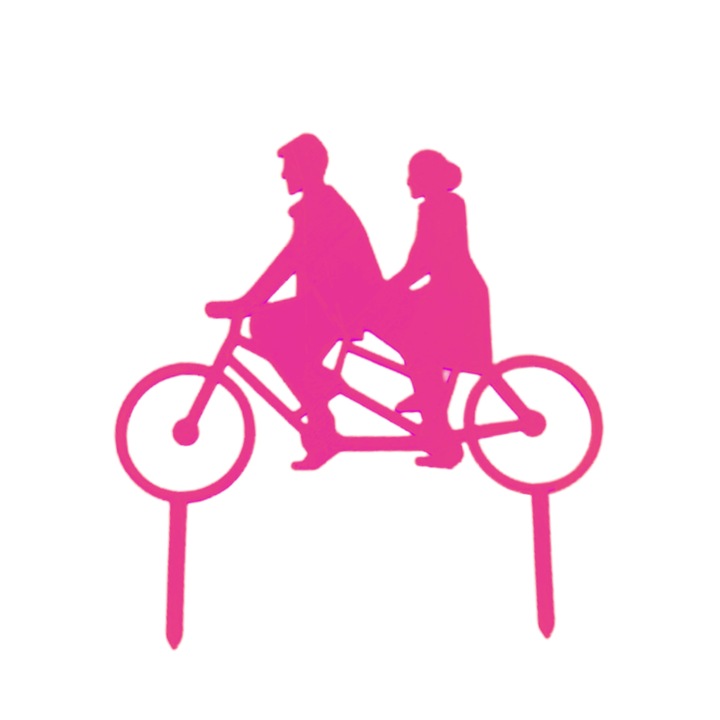 Tortafedő dekoráció "Ketten kerékpáron, tandemben", kerékpározás, 13 x 12 cm Málna rózsaszín