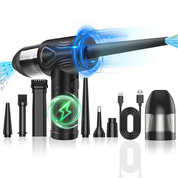 Suflanta Aer & Aspirator Portabil, Goxawee, M7021-N, pentru indepartare praf PC, Baterie 7600 mAh, 110000 RPM, 68 W, 3 trepte de viteza, 7 accesorii, lanterna LED, Negru