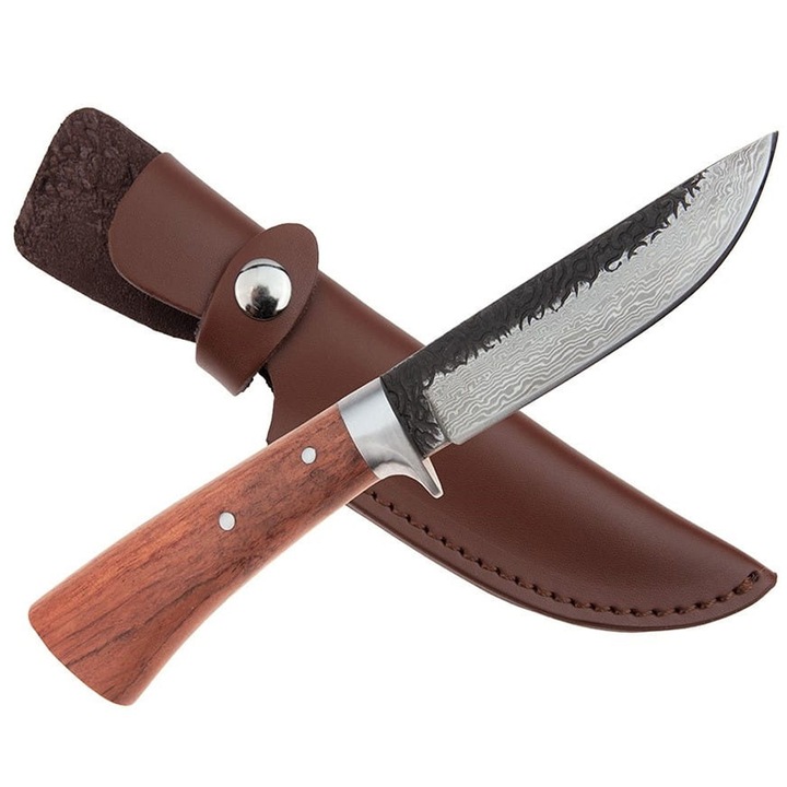 Cutit de vanatoare Depox, Adventure Accuracy, otel damasc, 25 cm, maner lemn, maro, husa piele