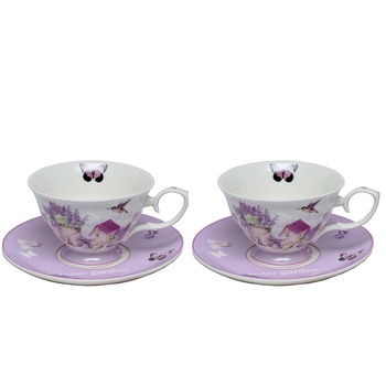 Set 2 cesti cu farfurii Lavender 180ml, Portelan Set 2 cesti cu farfurii Lavender 180ml, Portelan