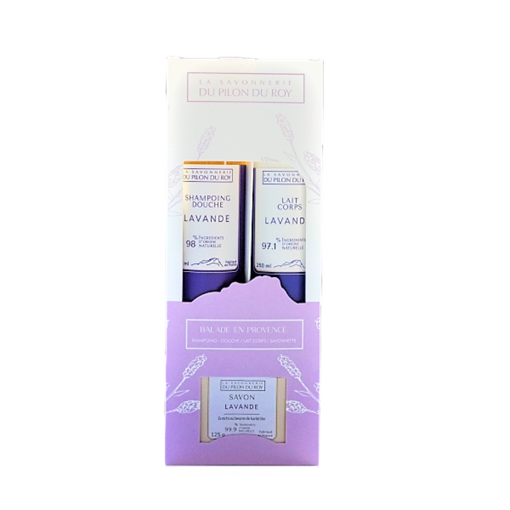 LA SAVONNERIE DU PILON DU Balade En Provence levendulás ápoló termék ajándék szett, 3 db, 2 az 1-ben enyhe sampon és tusfürdő levendulával 250 ml, testápoló levendulával 250 ml, szilárd szappan levendulával 125 g