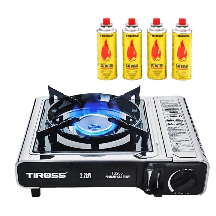 Къмпинг горелка, Tiross, С 4 газови бутилки, 2,2 kW, Черна/Сребриста