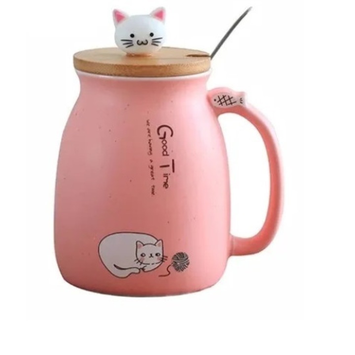 Cana ceramica cu capac si lingurita, Zdrowy Lemur, design pisica, roz, 450ml