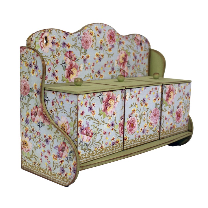 Suport bucatarie din lemn prevazut cu 3 cutii, handmade, 32x13x24 cm