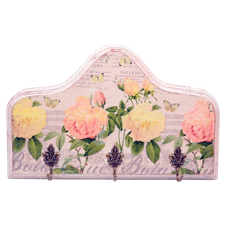 Cuier handmade din lemn decorat cu trandafiri, 32x2x19,5 cm