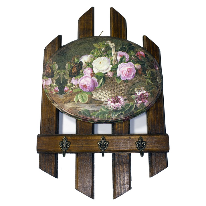 Cuier handmade din lemn decorat cu trandafiri, 21x3,5x34 cm