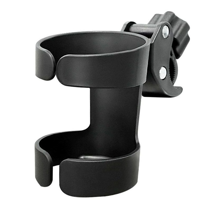 Suport universal pentru carucior Edibazzaar, Negru, pentru sticla, pahar si biberon, cu rotire 360 grade si prindere reglabila, accesoriu practic si util pentru plimbari, montare usoara fara unelte