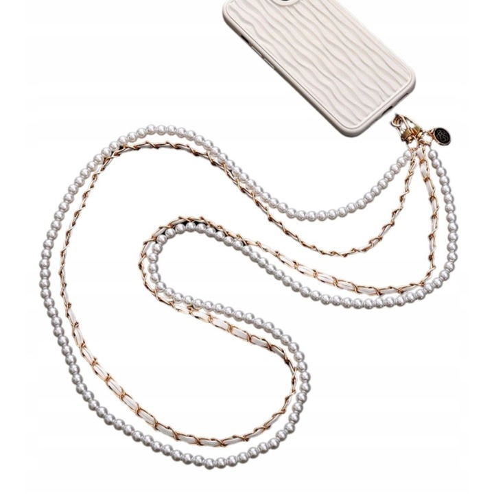 Curea Mana Telefon cu Perle, Lantisor Anti-Pierdere 10 cm, Margele Elegante Alb-Auriu, Accesoriu Vestimentar Sic, Compatibil Universal Huse