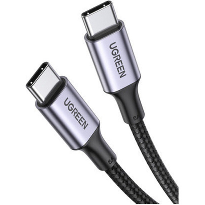 Кабел за захранване и пренос на данни Ugreen, Бързо зареждане, USB Type-C към USB Type-C 100W/5A braided 1m, Черен